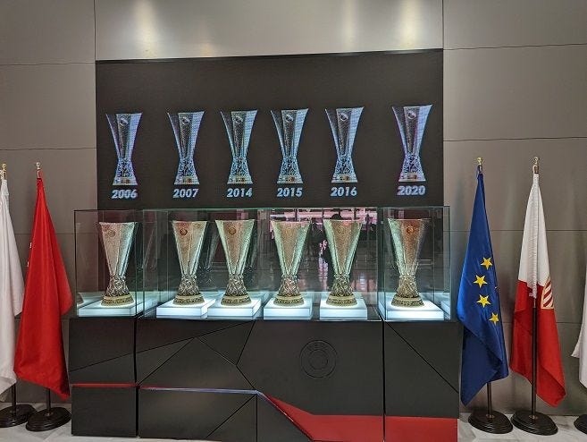 Display of Sevilla’s 6 Europa League trophies