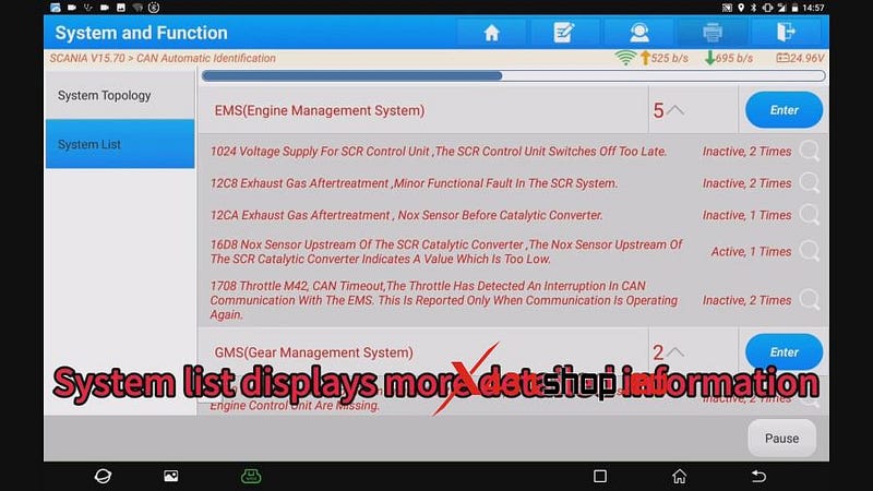 LAUNCH-X431 PAD V on Scania for Cylinder Deactivation Test