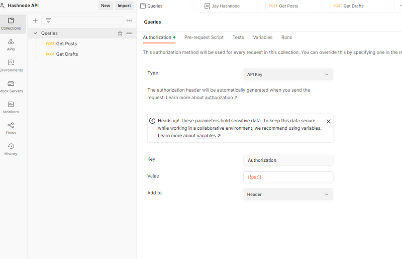 Configuring an API Key authorization header for our collection in Postman.
