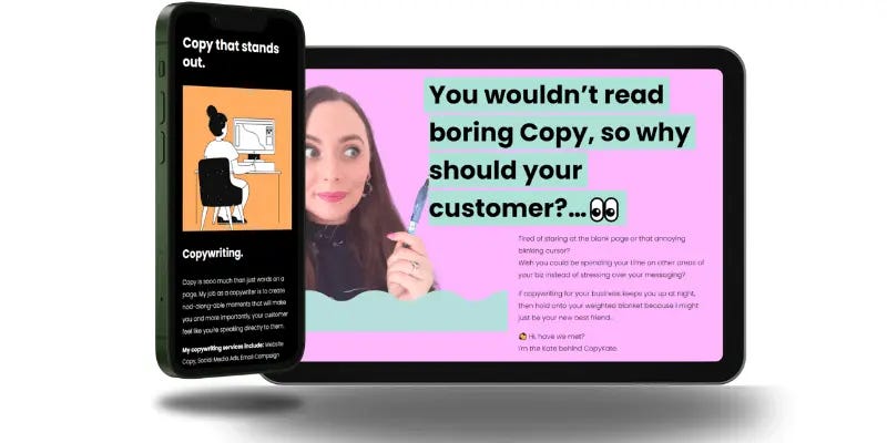 Smartphone and tablet displaying a vibrant website with a woman emphasizing engaging copy.