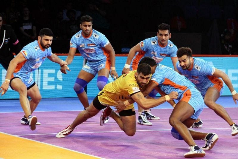 Indian Kabaddi Players trying to defend the raiders