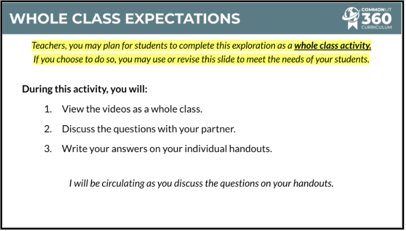 A slide with whole class expectations for Related Media Explorations.