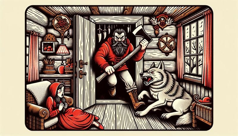 The woodsman bursts into grandma’s cottage, where Little Red Riding Hood cowers from the savage wolf.