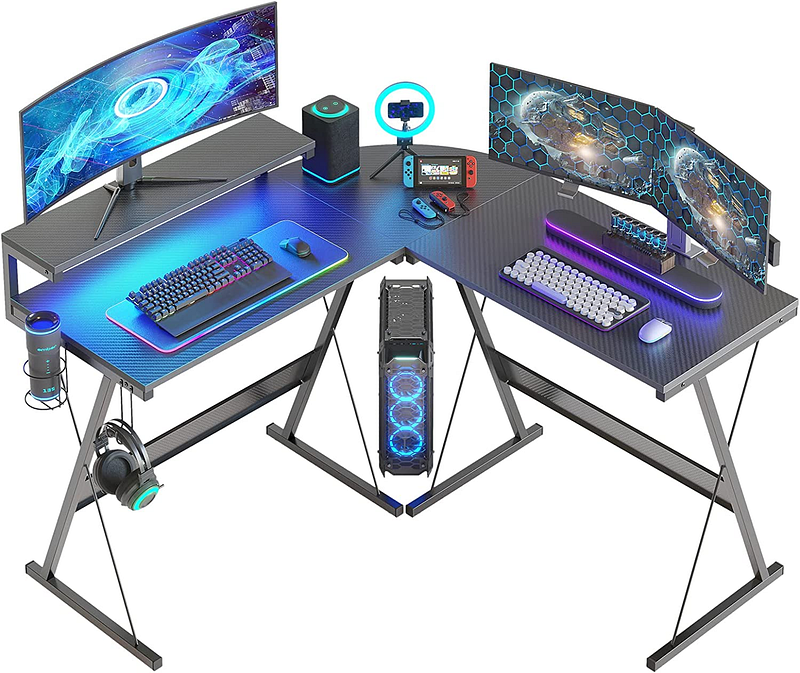 Bestier L-Shaped Gaming Desk — Complete With Cup Holders, Headphone Hooks, and More