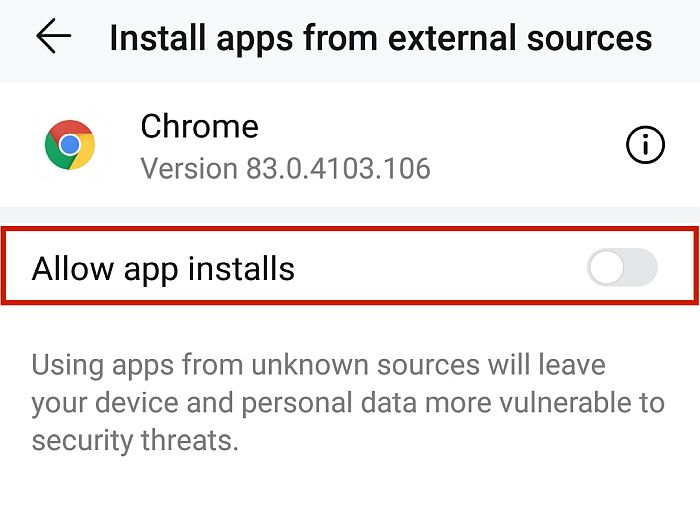 "Allow app installs" toggle button