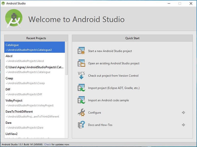 Android Studio Welcome Screen