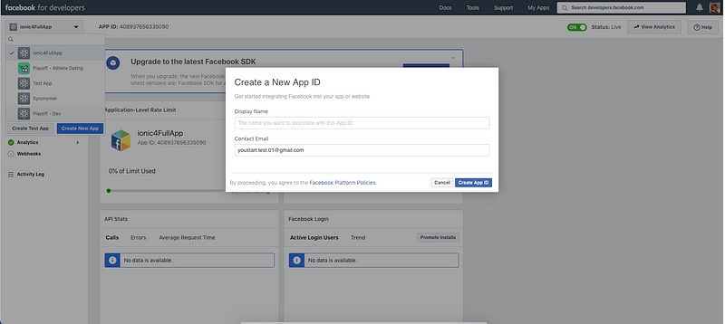 Create new app in Facebook Developer console