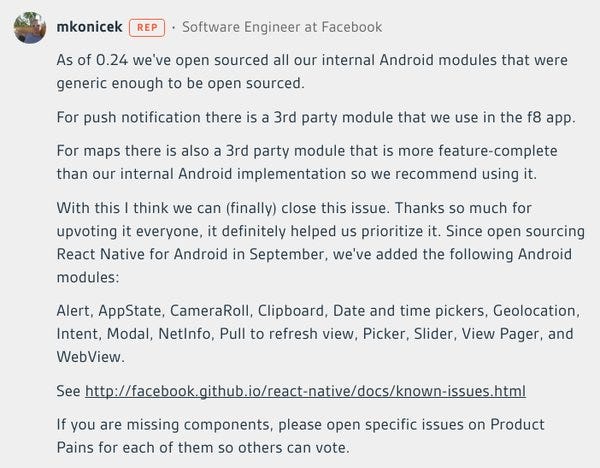 Closed the most upvoted #reactnative 