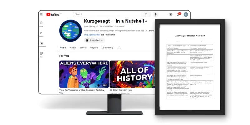 A monitor displaying the YouTube channel ‘Kurzgesagt — In a Nutshell’ next to a tablet showing a video script titled ‘What Is AI?