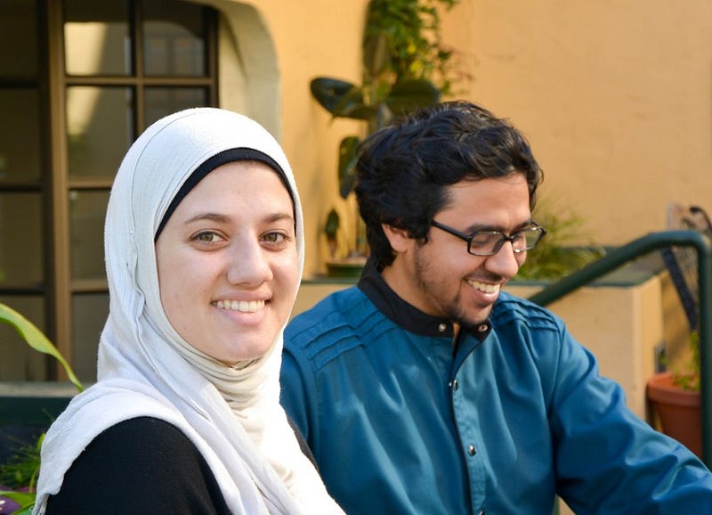 Iman Hamze, left, and Nirav Bhardwaj, right, a married couple that met at Zaytuna. Hamze is a former lacrosse star, and Bhardwaj — a Muslim convert — worked as a scout for the LA Angels baseball team before coming to the school. Iman Hamze, left, and Nirav Bhardwaj, right, a married couple that met at Zaytuna. Hamze is a former lacrosse star, and Bhardwaj — a Muslim convert — worked as a scout for the LA Angels baseball team before coming to the school.