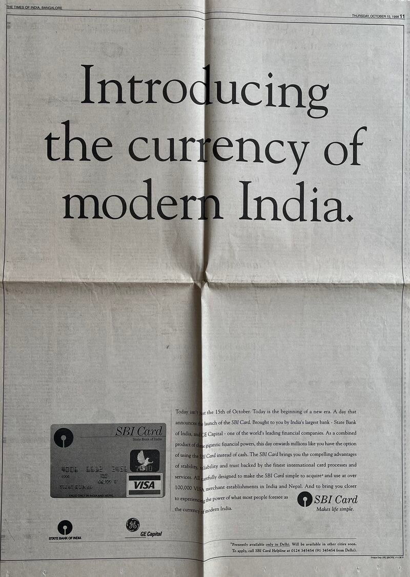 SBI Card’s advertisement to introduce card payments in India — October 1998.