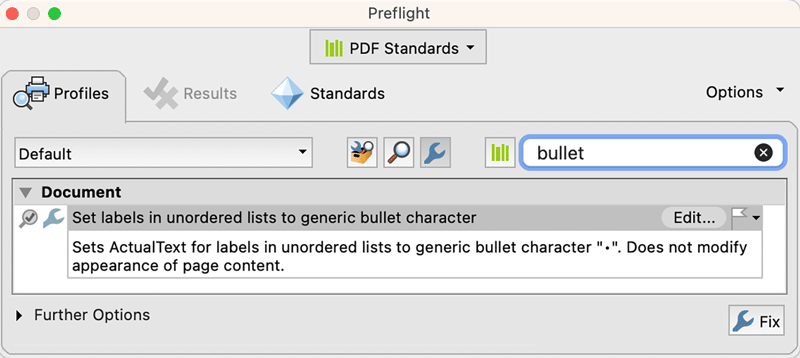 Preflight panel showing the fixup — Set Labels in Unordered Lists to Generic Bullet Character.