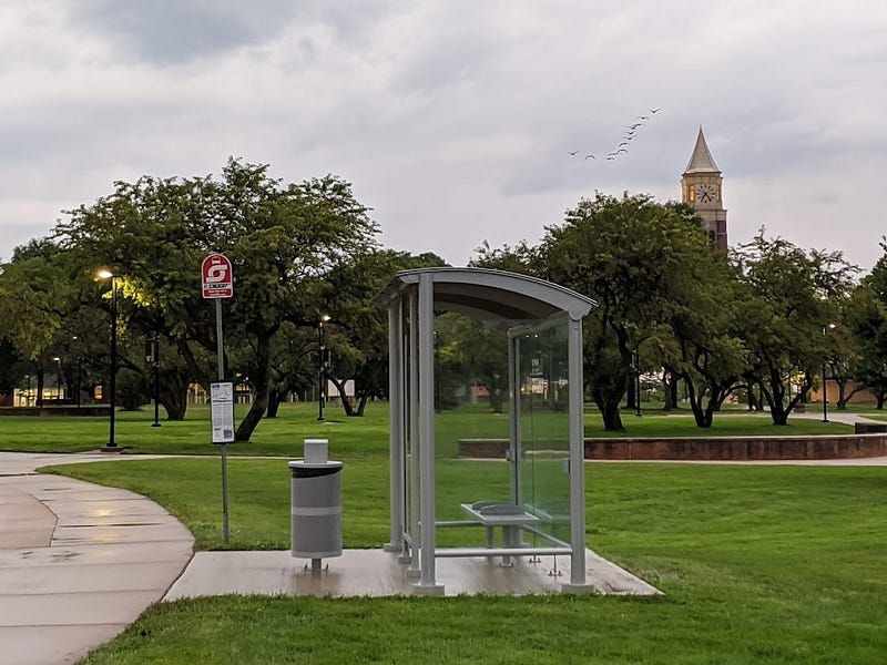 Bus shelter in front of university clock tower