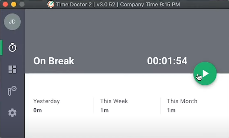 Timer for break time running on the Time Doctor Macbook app - an employee time tracker