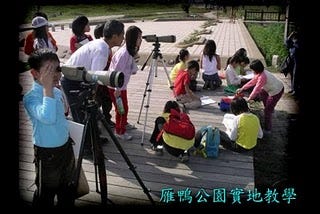 學生們利用望遠鏡觀察雁鴨華江國小提供