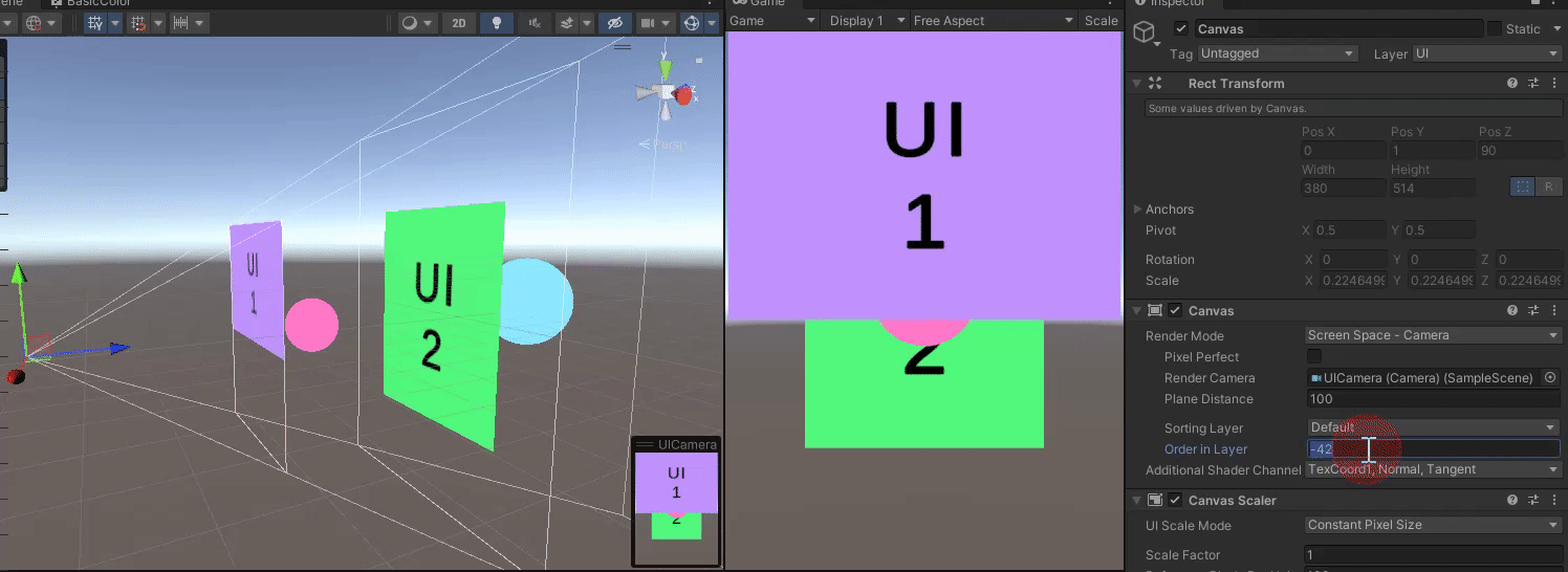 Animation demonstrating UI and 3D object rendering order with different sorting configurations
