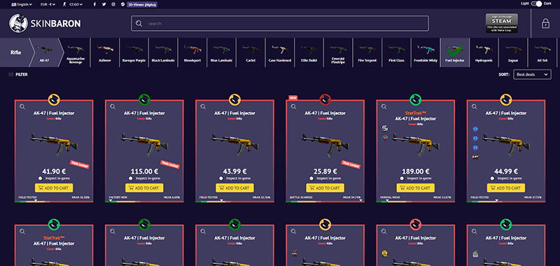 Screenshot of a CS:GO marketplace called Skin Baron