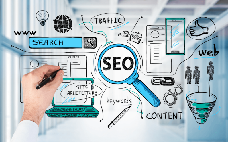 A board of SEO relevant keywords with a magnifying glass in the middle of the illustration.
