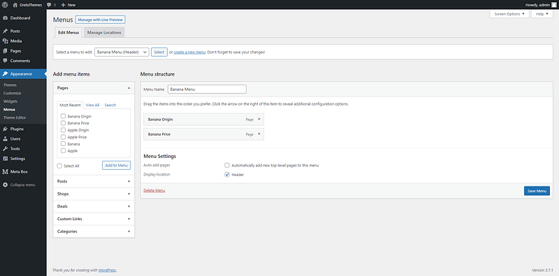 In the Add menu items section, you need to add pages as sub-menus. I will add two pages that are Banana Origin and Banana Price to the Banana Menu. Click Save Menu