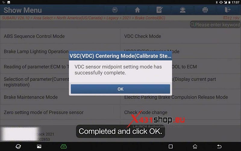 LAUNCH X431 PAD_VDC Sensor Reset on 2021 SUBARU LEGACY