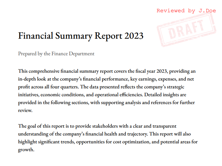 screenshot of financial report summary pdf with annotations added