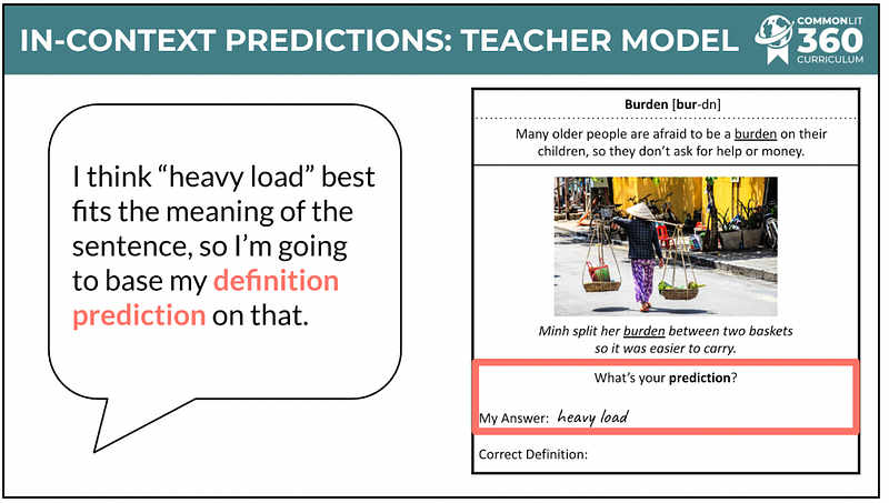 A teacher model slide for the in-context predictions vocabulary activity.