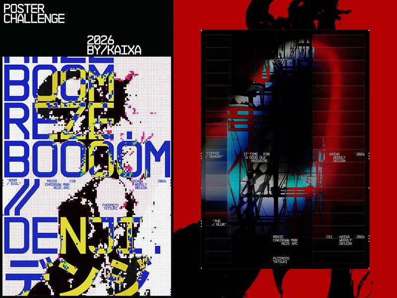 A split-screen poster design for the 2026 Kaixa Poster Challenge, featuring bold glitch-style typography reading “BOOM BOOM DENJI” on the left and a dark, abstract layered composition with red and blue tones and grid overlays on the right.