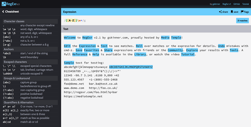 Screenshot of RegExr.com website