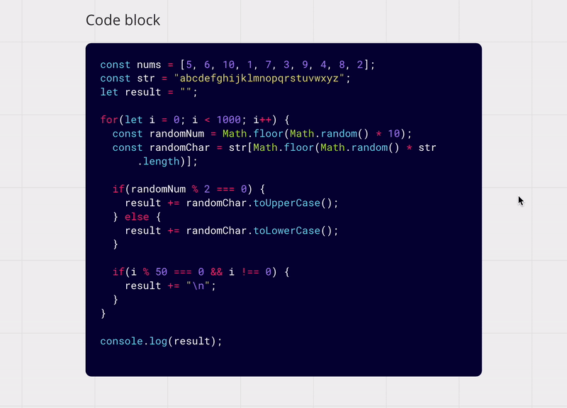 GIF showing the code block editor supporting smooth caret positioning when transitioning between modes.