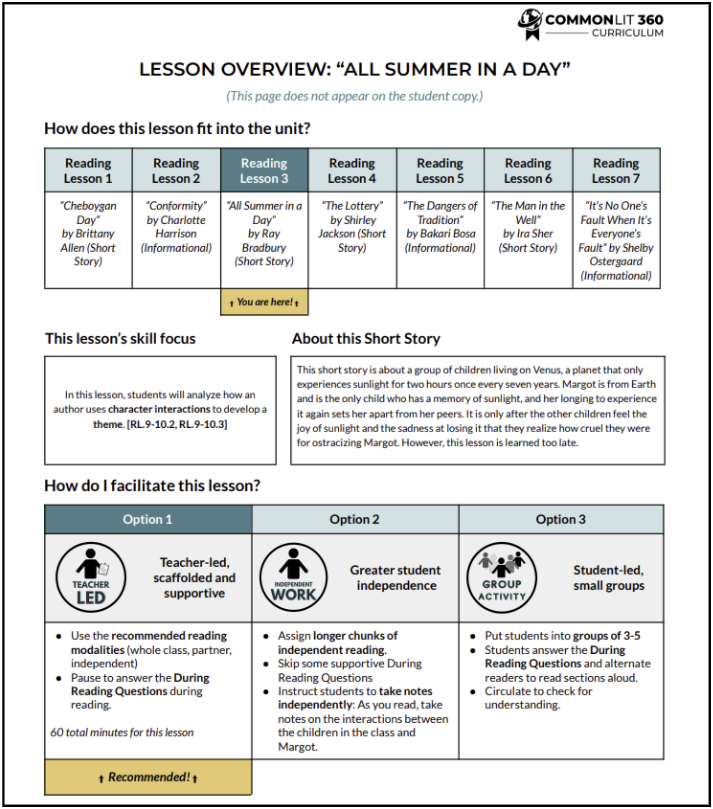 The teacher lesson plan for "All Summer in a Day."