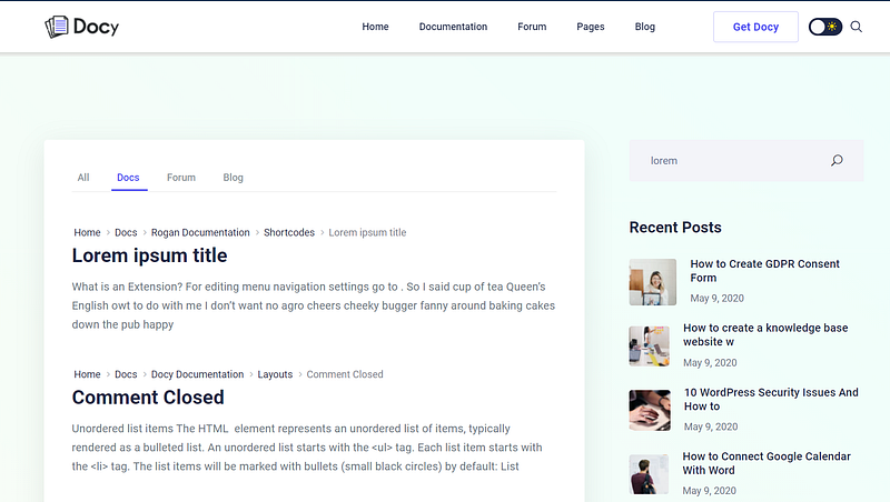 Docy WordPress Documentation Theme with Categorized Search Results. 