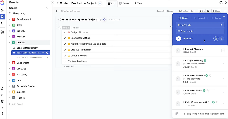 ClickUp content production projects dashboard 