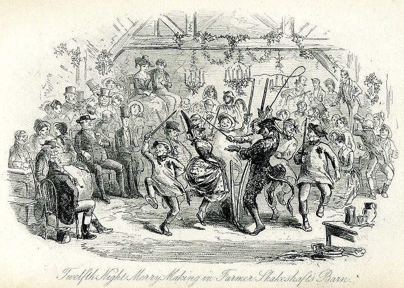 A black and white drawing of a party featuring masquerading, dancing, and other merriment.