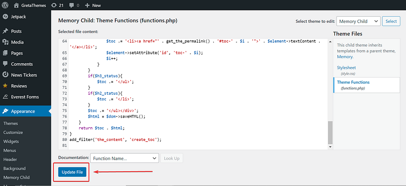 Insert code in function.php file to create a table of contents.