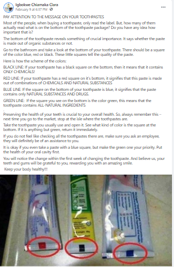 FALSE: The colour-codes on a toothpaste tube do not indicate what ...