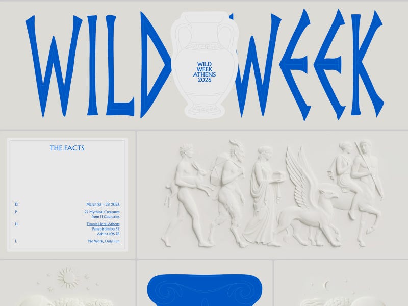 Wild Week Athens 2026 website with bold blue typography, classical Greek-inspired illustrations, and sculptural figures on a clean light background
