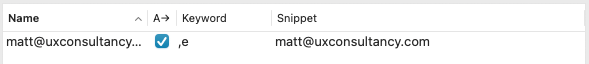 The snippet shortcut within Alfred.