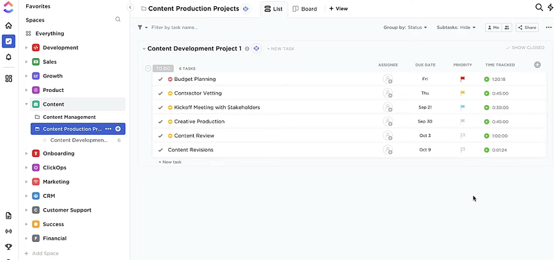 content projects dashboard on ClickUp