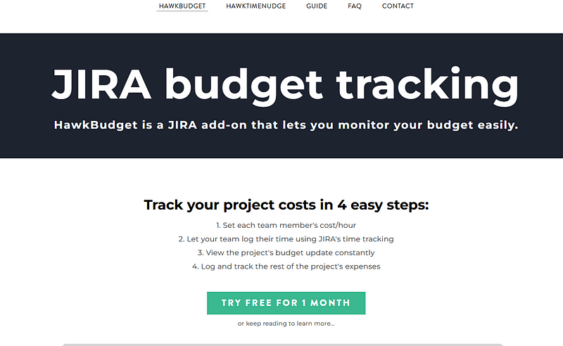 Hawkbudget website for budget tracking in Jira