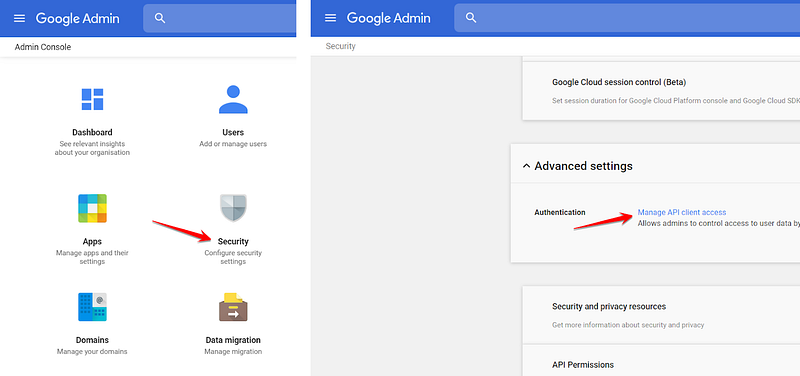 Screenshot: On the “Manage API client access” page of the G Suite admin panel , you enter the Client ID of your service account and the API Scope