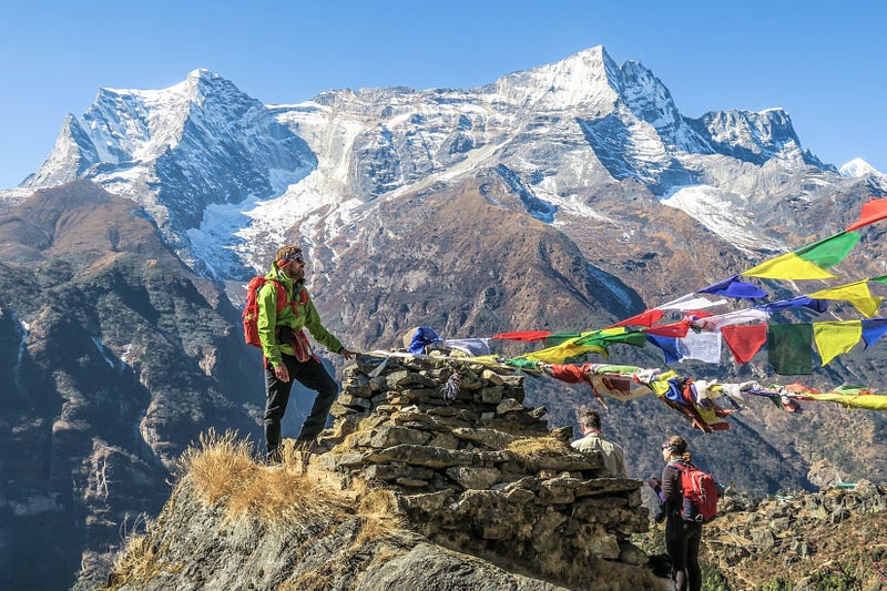 Happy Mountain Nepal Clints are enjoying the mountain view just above Namche Bazar 3440m, can see Kongde mountain on the Background