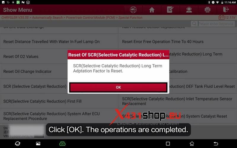 LAUNCH X431_Reset SCR Long-Term Adaptation on 2020 Chrysler RAM 1500
