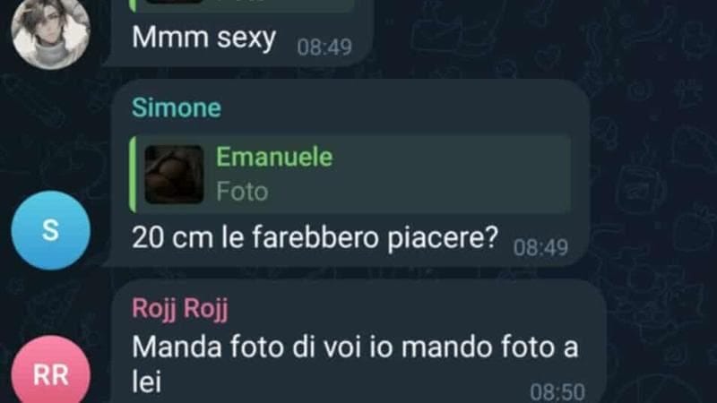 Screenshot of a Telegram private group chat showing Italian-language messages in which users request and share non-consensual explicit content. Sensitive material is obscured.