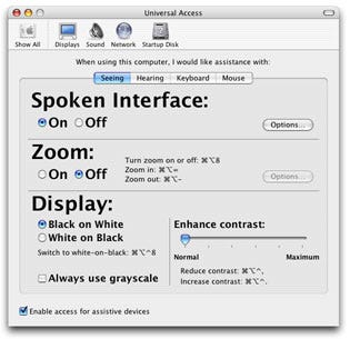 Mac OSX Universal Access Preference Pane displaying Spoken Interface options