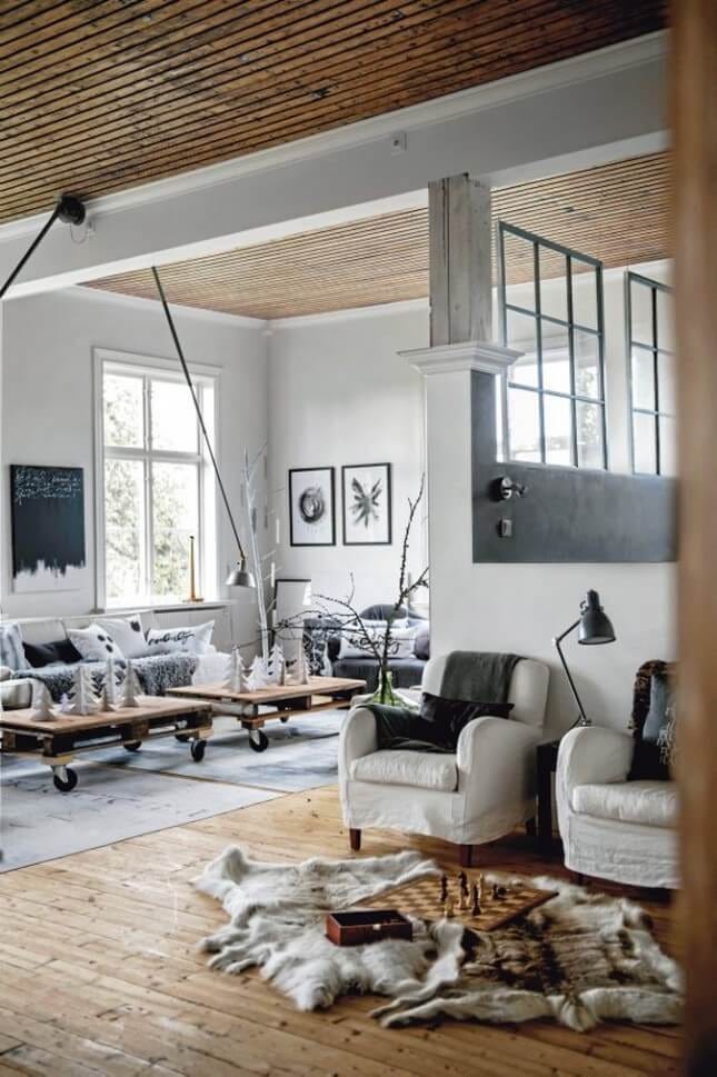 Scandinavian home with wooden ceiling, wooden floor, fur rugs