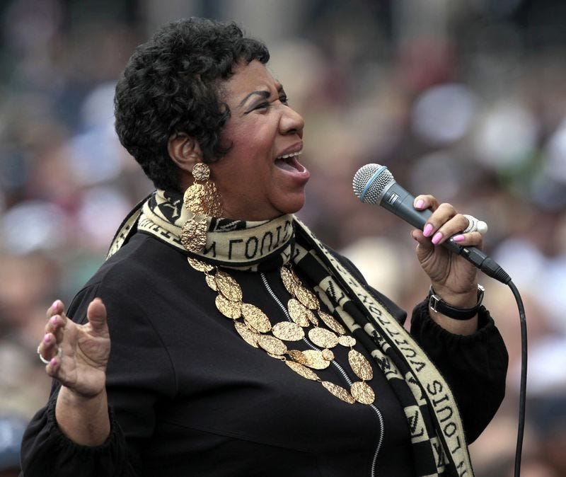 Picture of Aretha Franklin’s performance during the Labor Day event in the outer part of the Renaissance Center, Detroit, in 2011.