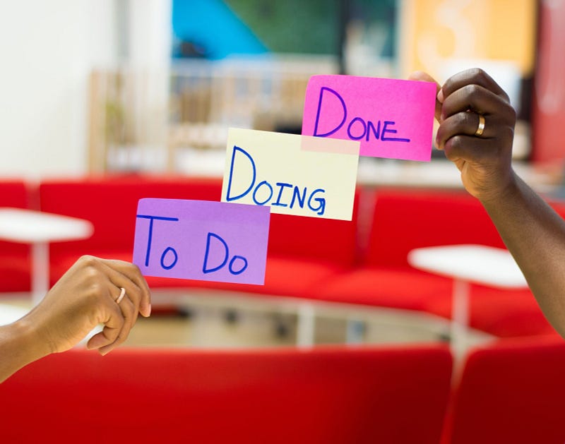two hands holding colored pieces of paper with the text "To Do" "Doing" and "Done"