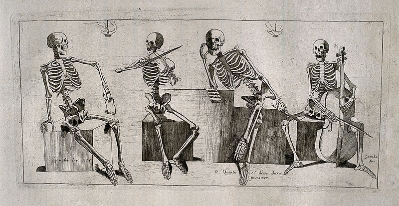 Four skeletons with musical instruments, seated in various positions: one is singing, another holds a flute, while two others are shown playing the violin and cello