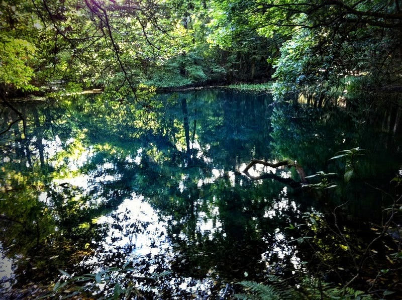 The blue waters of Maruike-sama pond in Yuza Machi at the base of Chokai-san (Mt. Chokai).
