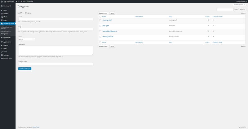 Knowledge base category screen